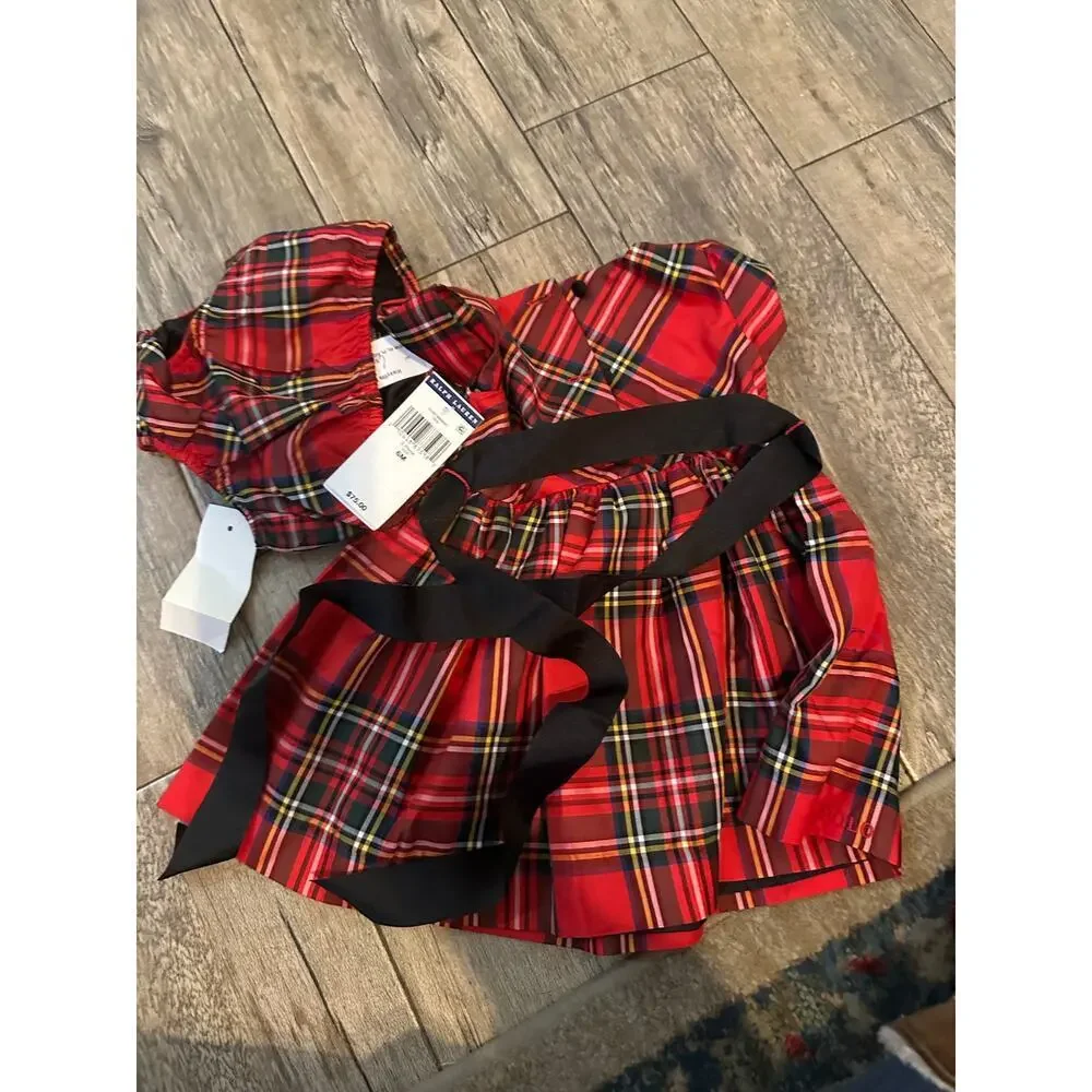 NWT Ralph Lauren Baby Girl's Plaid Print Fit & Flare Dress 2 Pec Set Size 6 M