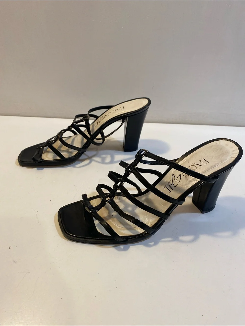 Paco Gil Made In Spain Black Strappy Block Heel Leather  Sandals 7.5 B