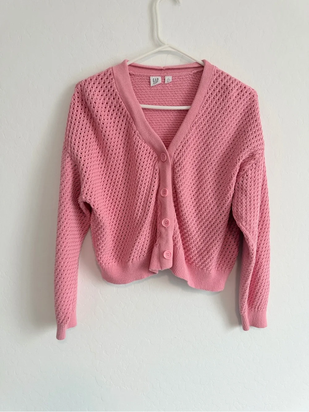 GAP Bubblegum Pink Open-Knit V-Neck Button Cardigan