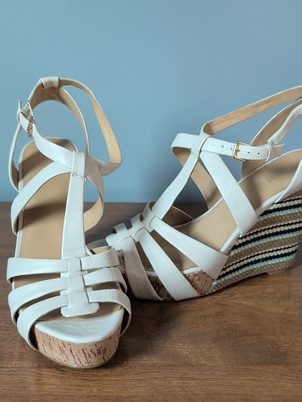 Nine West White Strappy Cork Wedge Sandals