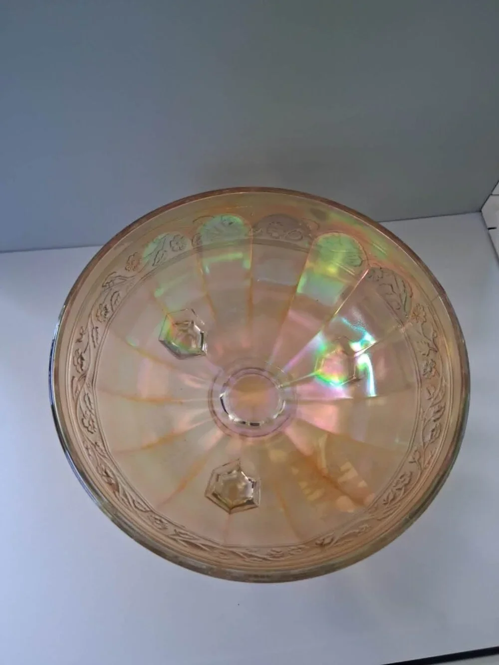 Vintage Iridescent Carnival Glass Footed Serving Bowl | Embossed Floral Design