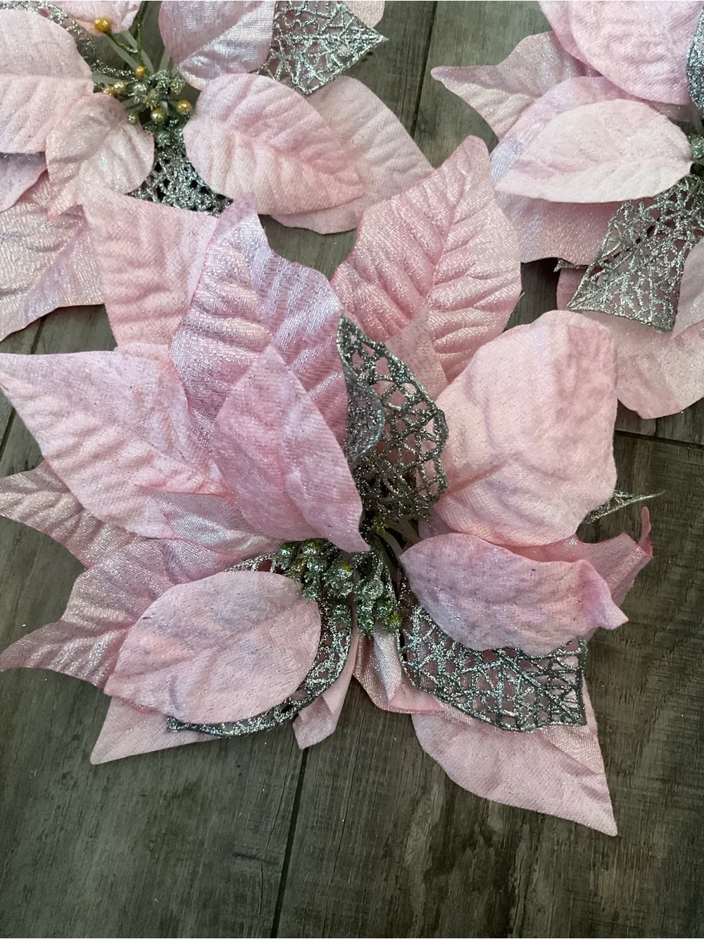 Pink Glitter Poinsettia Holiday Floral Sprigs - Set of 3