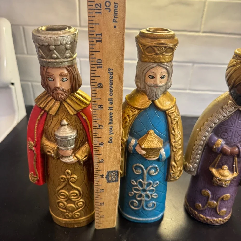 Three Wise Men Candle Holder Set Multicolor Painted Magi Decor Christmas