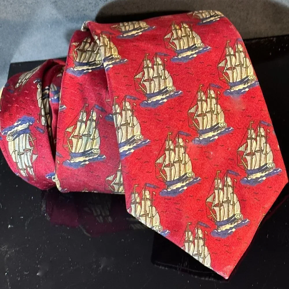 Dior Mid Century Modern Neckwear Tie 100% All Silk Red Sailboat Schooners Ship
