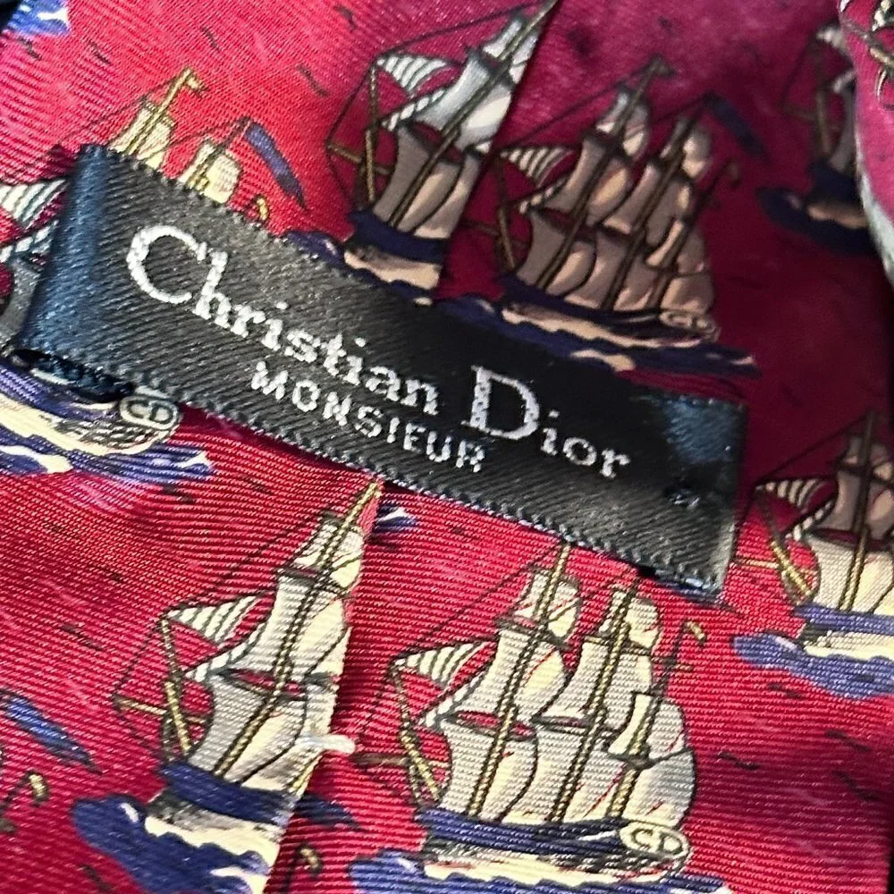 Dior Mid Century Modern Neckwear Tie 100% All Silk Red Sailboat Schooners Ship