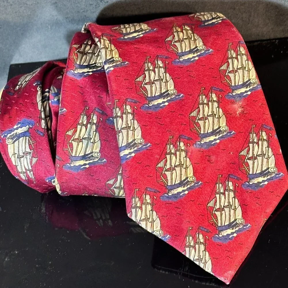 Dior Mid Century Modern Neckwear Tie 100% All Silk Red Sailboat Schooners Ship