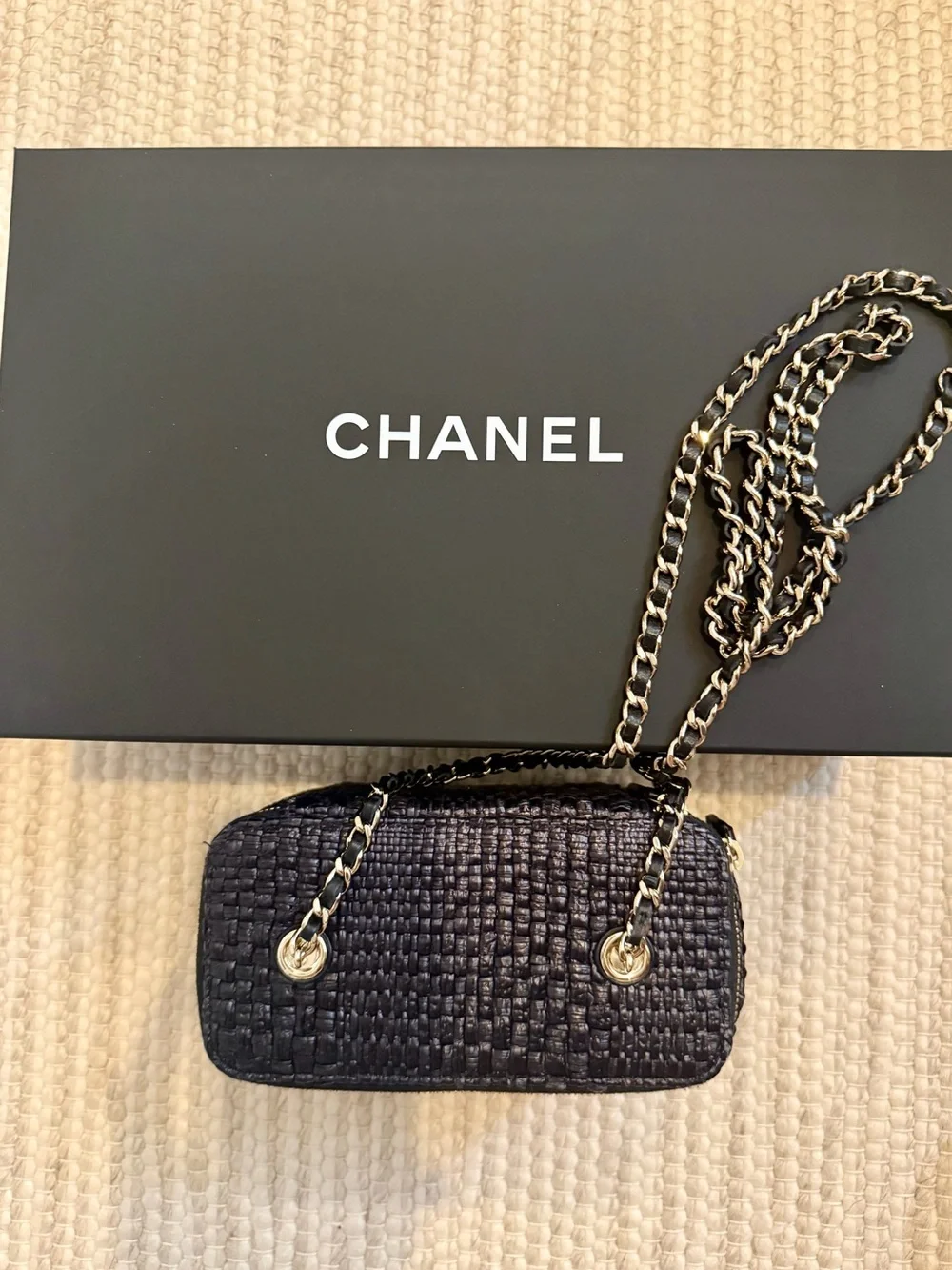 CHANEL black raffia