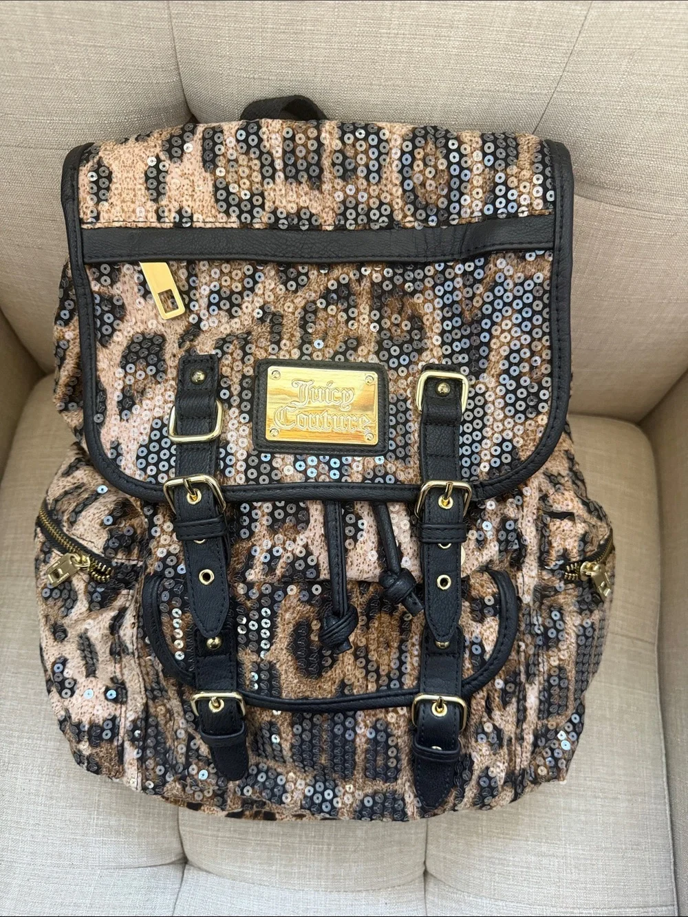 Juicy Couture Sequin Leopard Print Backpack - Black & Brown