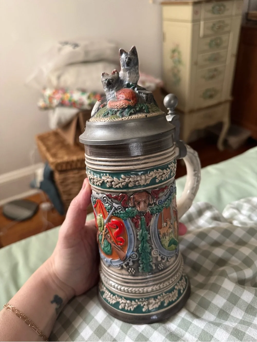 Vintage Gerz W Germany Lidded Beer Stein Fox Hunt 1983