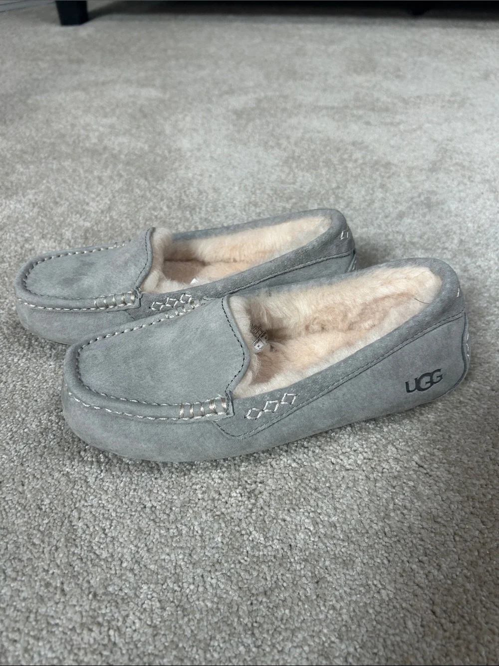 UGG Grey Suede Moccasin Slippers with Cream Shearling