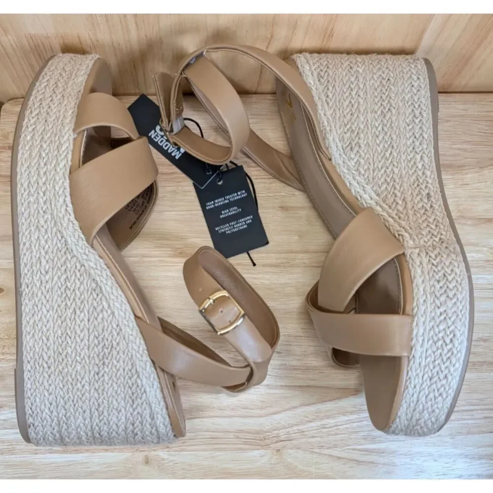 Madden NYC Platform Espadrille Sandals Tan Size 9.5 Womens Ankle Strap‎