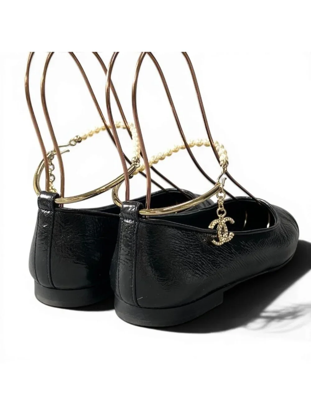 Chanel Ballerina Pearl Anklet CC Logo Flat Pumps 36 Black