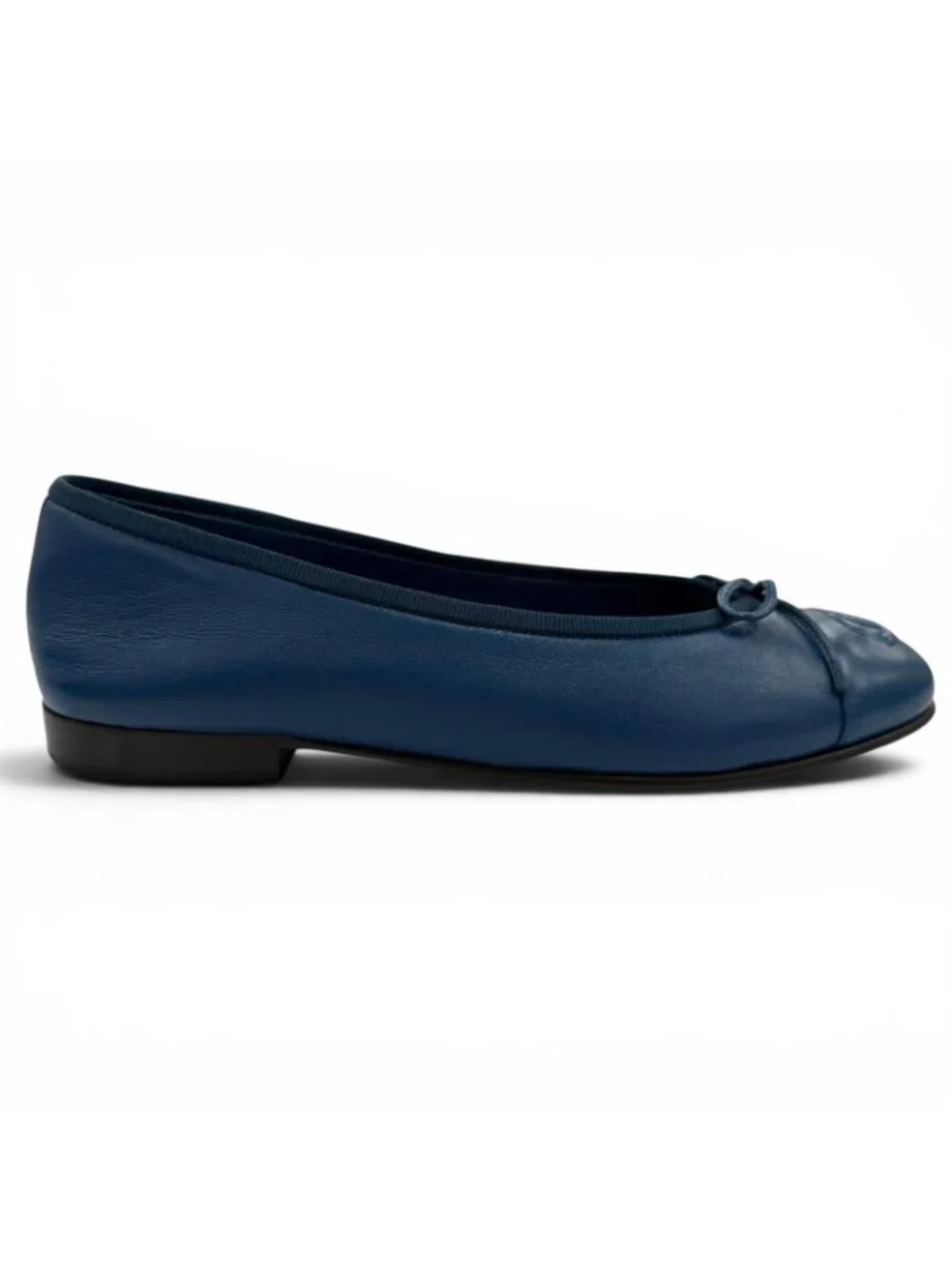 Chanel Ballerina CC Logo Ribbon Leather Flat Pumps Ballet Shoes Navy