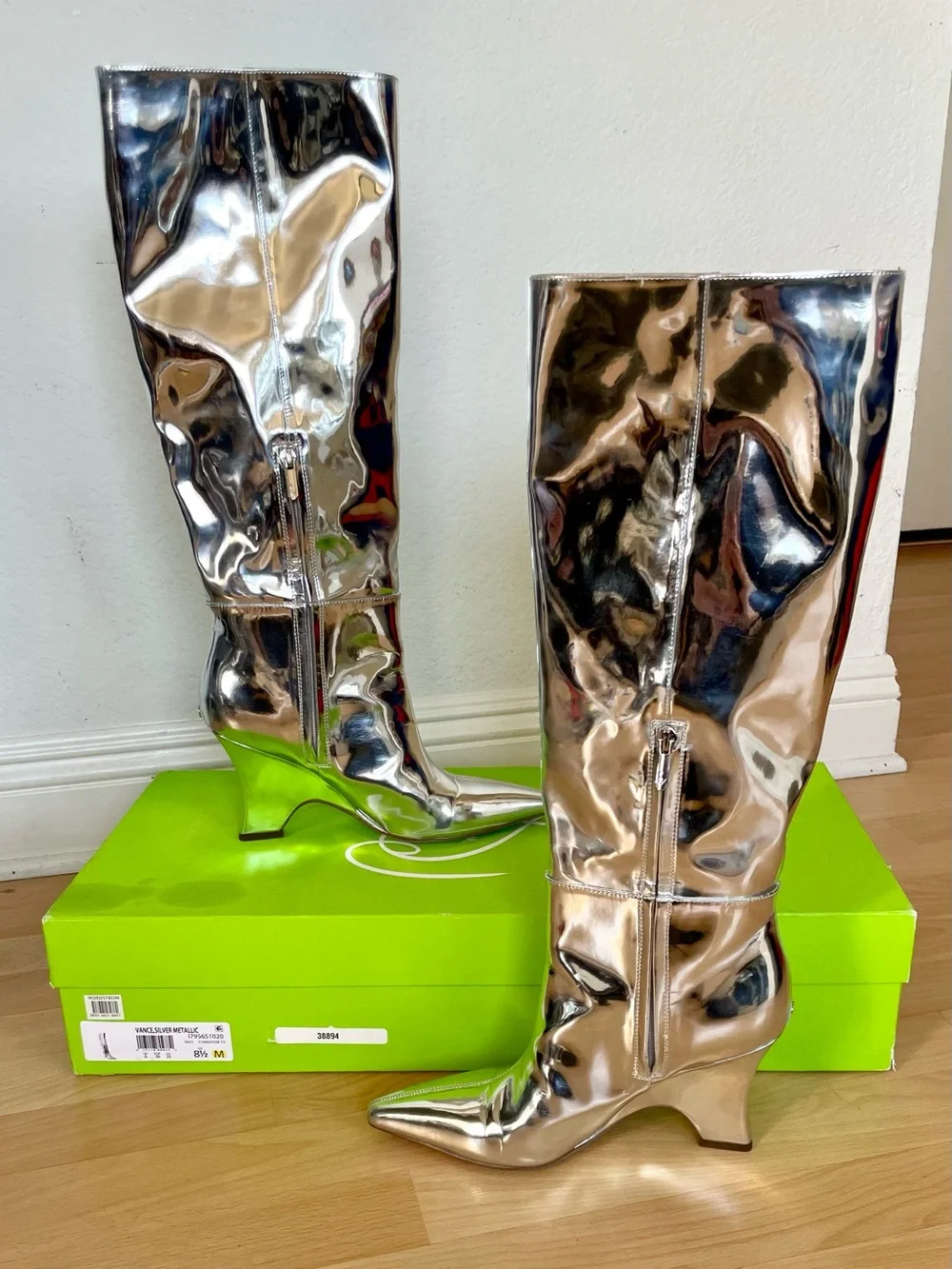 Sam Edelman Vance 2 Knee High Boots Soft Silver Metallic Pointed Toe Block Heel