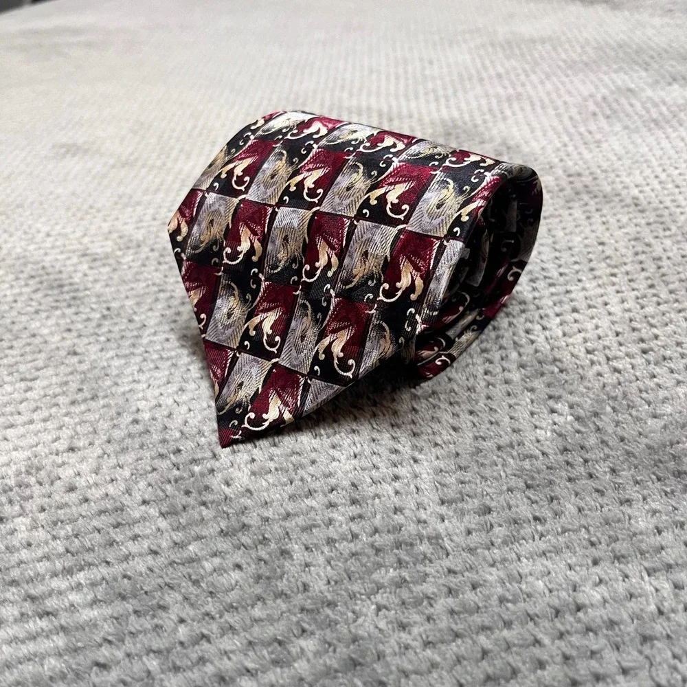Pierre Cardin Mens Silk Tie Burgundy Silver Gold Geometric Scroll Pattern Wide