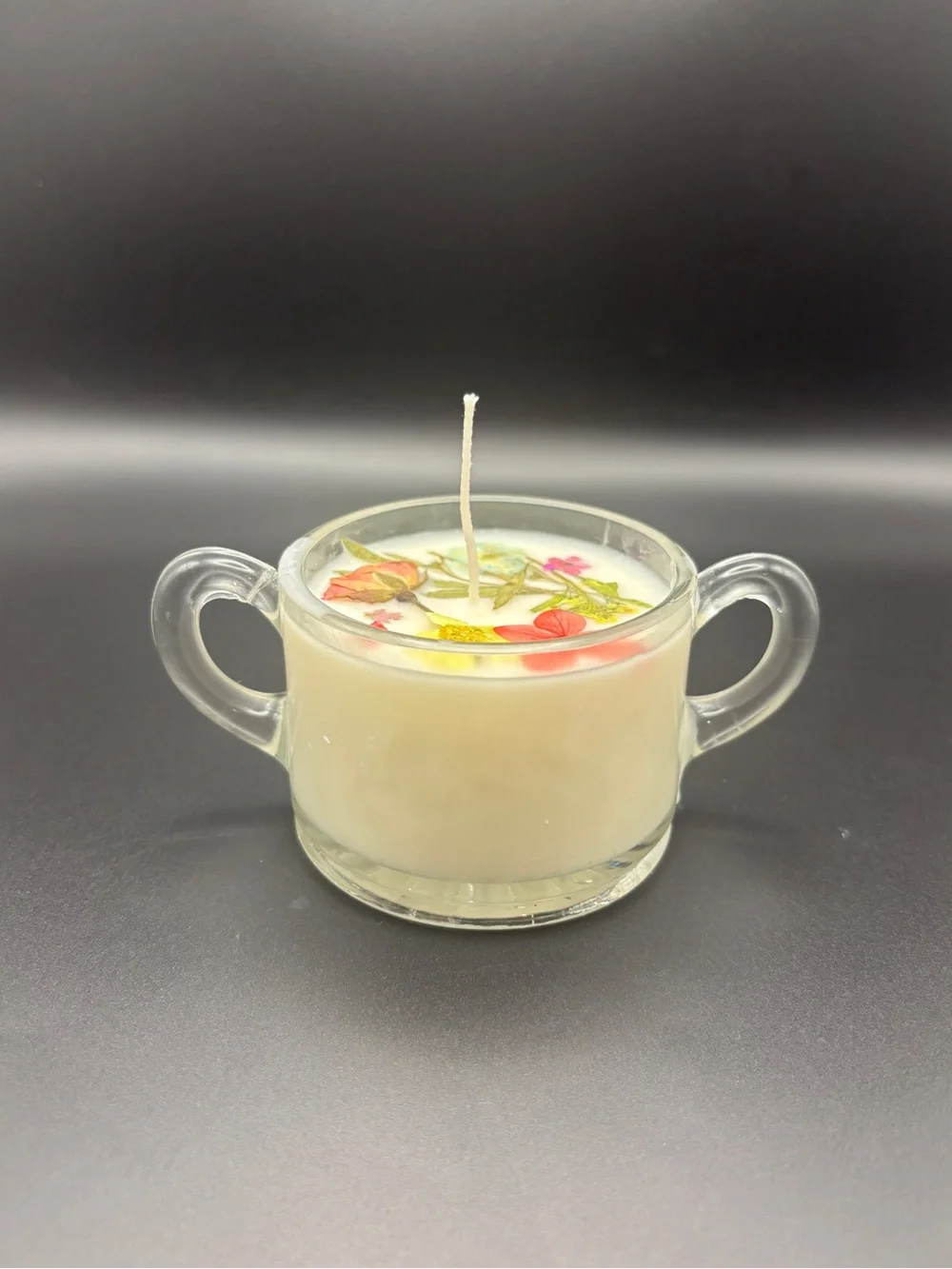 Handmade White Floral Soy Candle in Clear Glass Double-Handled Cup
