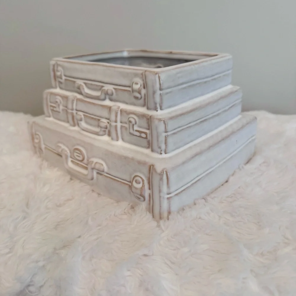 Stacked Suitcases Vase Planter NEW Whimsical Ceramic Garden Decor HTF!