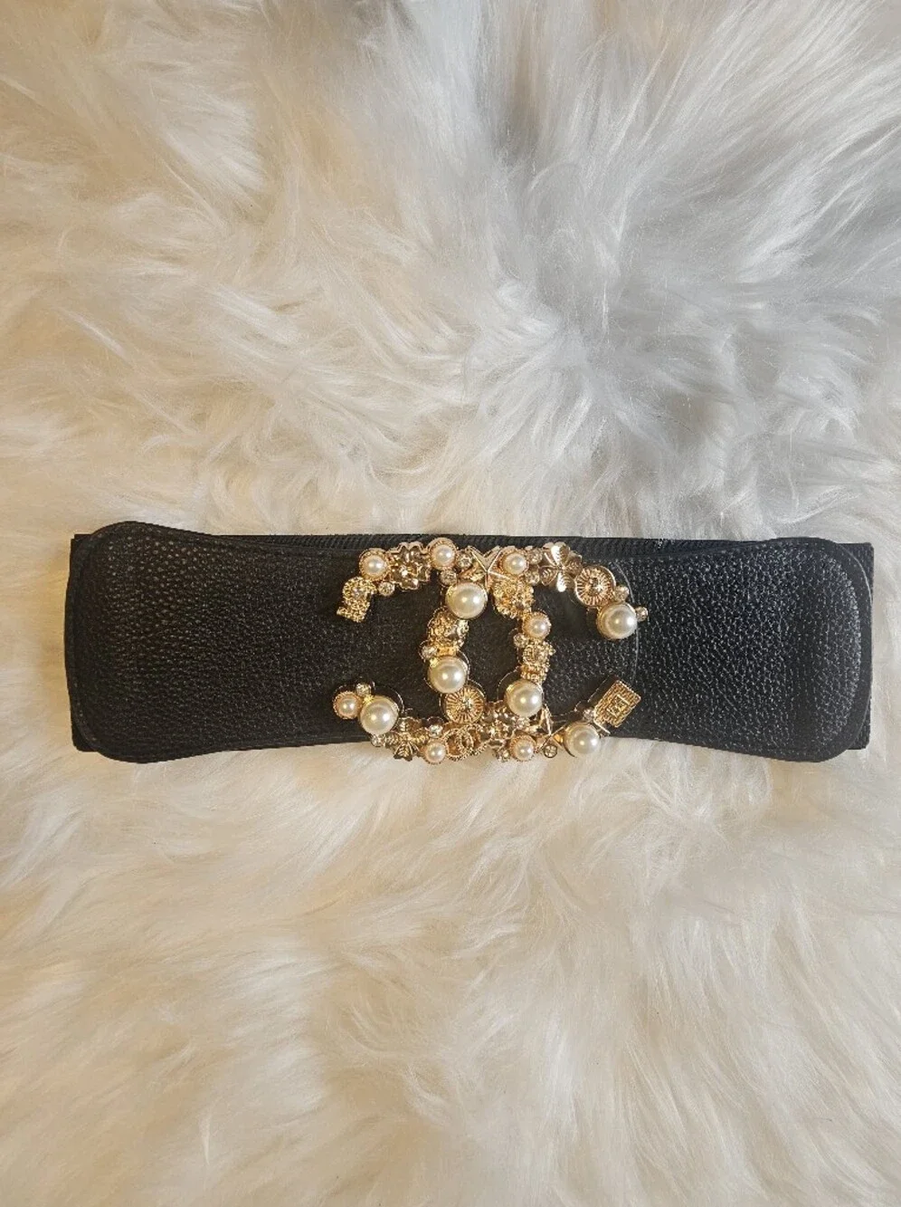 Black Leather Wide Cinch Belt with Pearl & Gold Charm Buckle
