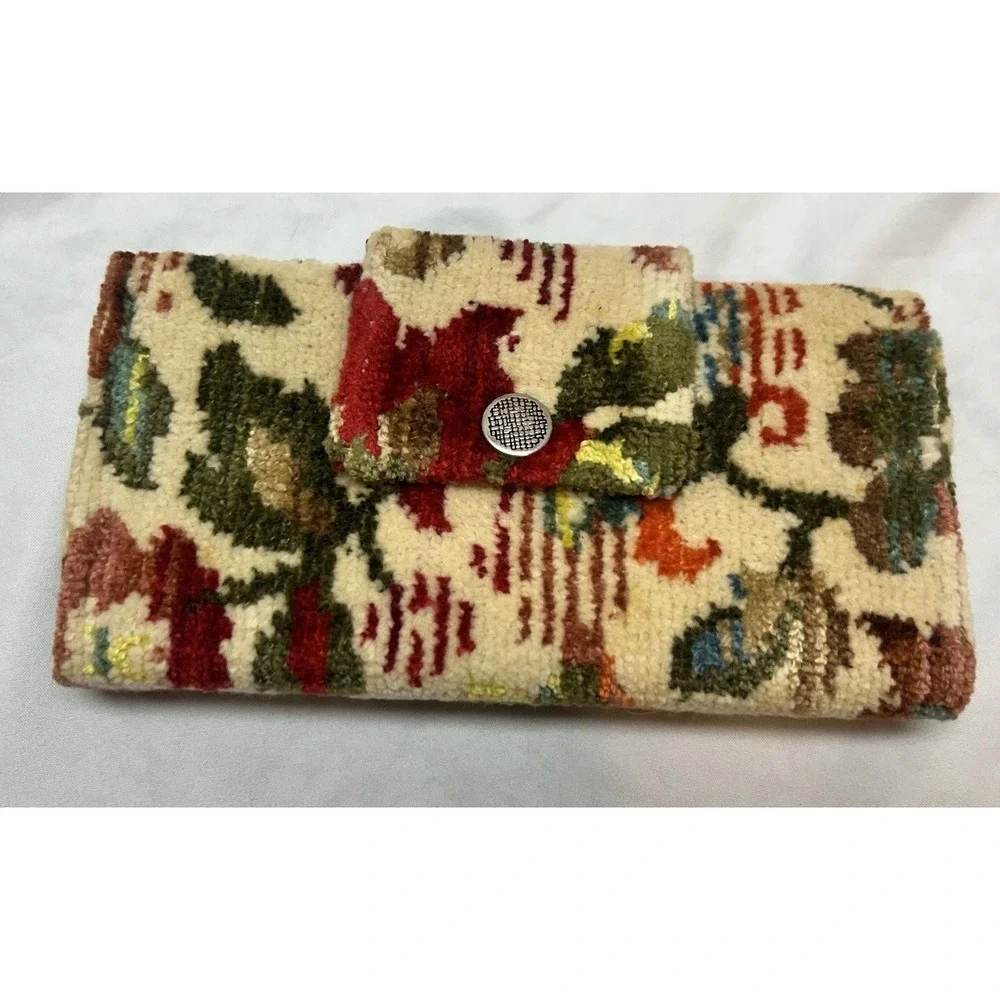 VTG NOS Needlepoint Tapestry Trifold Clutch Wallet Boho Cottagecore Floral