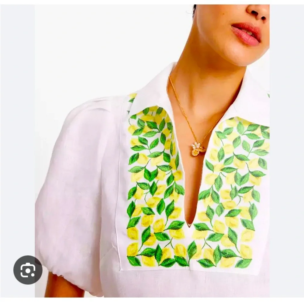 🍋 NWT Kate Spade White Linen Embroidered Lemons Puff Sleeve Blouse Top