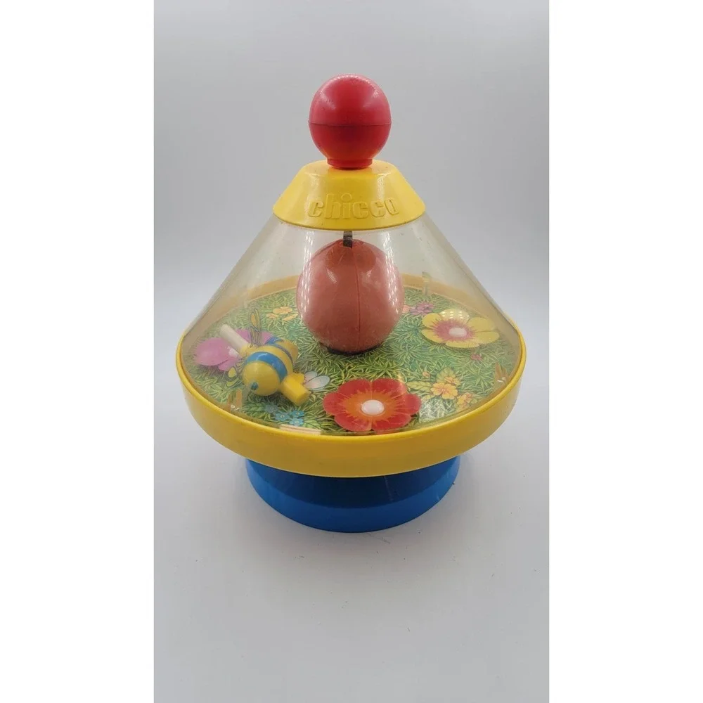 Vintage 1980s Chicco Spinning Push Top Toy w/ Chime Bell Bumblebee‎ Flowers!