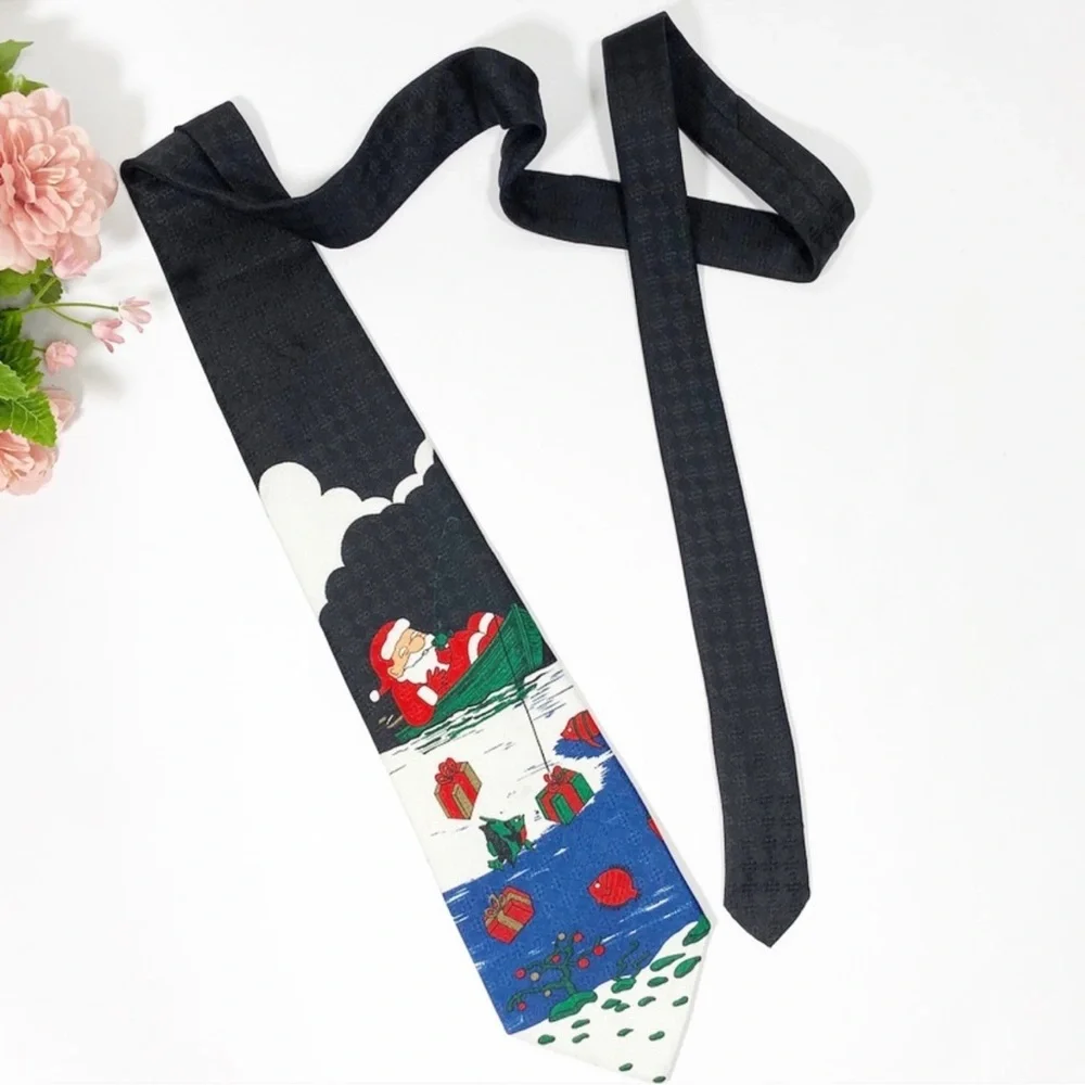 Vintage Hallmark Santa Fishing Presents Black Necktie