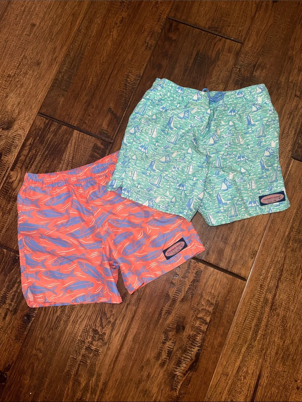 2-Pack Vineyard Vines Swim Trunks — Coral Fish & Mint Sailboat. BOYS SIZE 6/7.