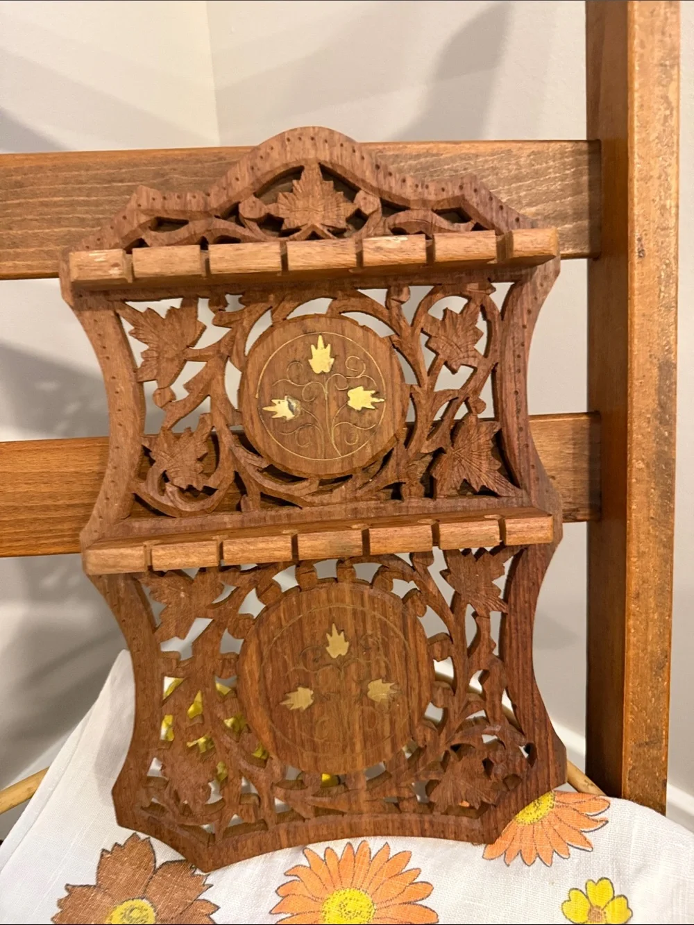 Vintage Hand Carved Sheesham Wood  Rack Wall Display Brass Inlay India