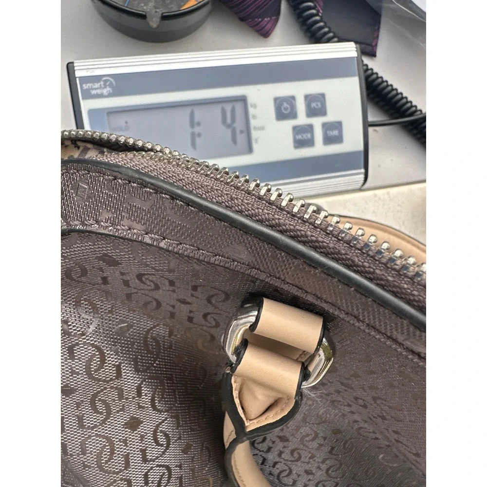 Guess Satchel Handbag Metallic Pewter Logo Embossed Tan Handles Leopard Lining