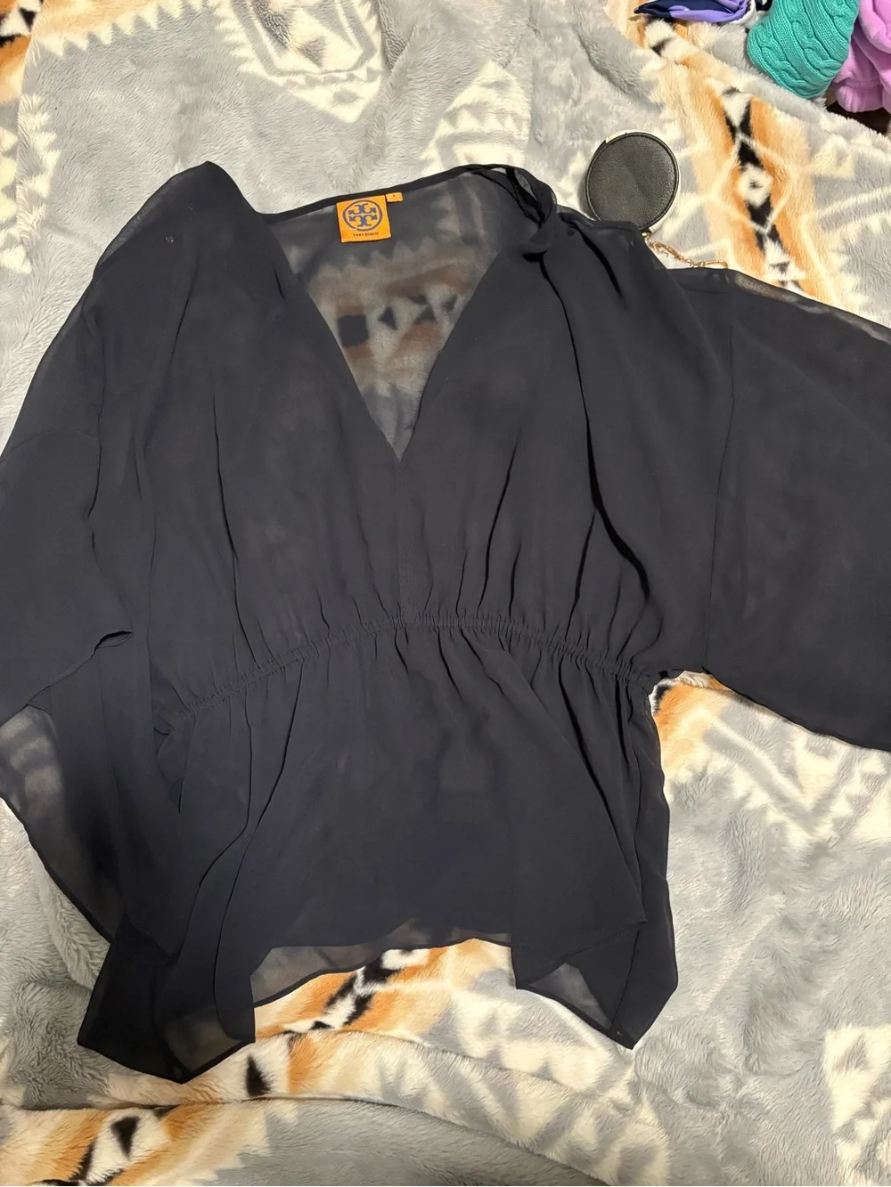 Tory Burch Black Sheer V-Neck Elastic-Waist Blouse