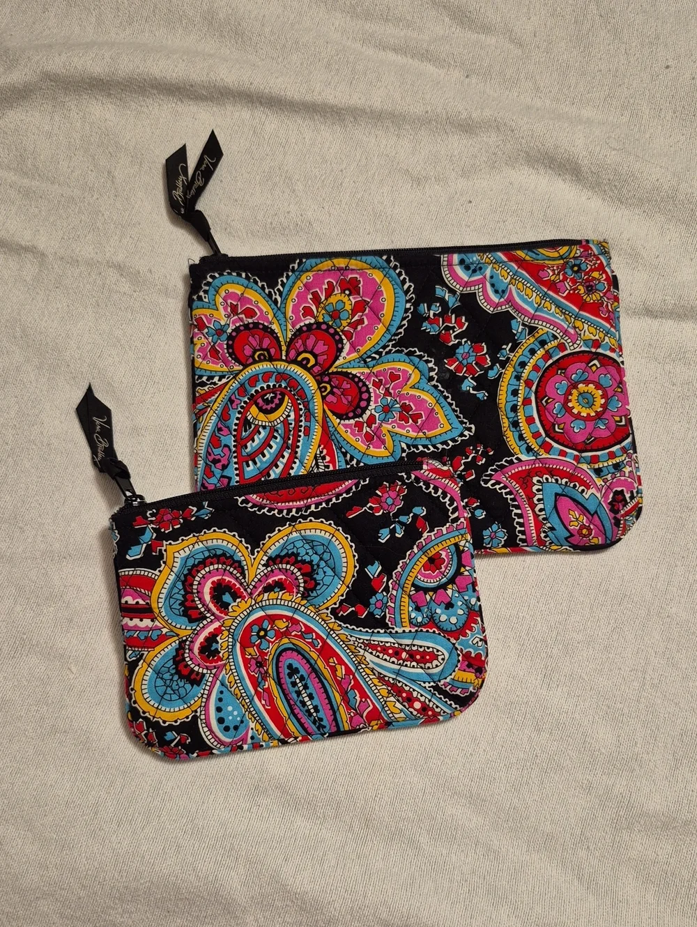 Vera Bradley Black Paisley Cosmetic Pouch Duo with Pink, Blue & Yellow Accents