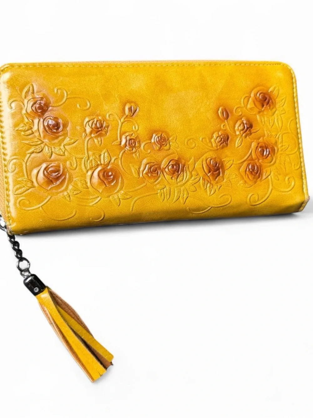 Yellow Floral Embossed Zip Wallet with Tassel