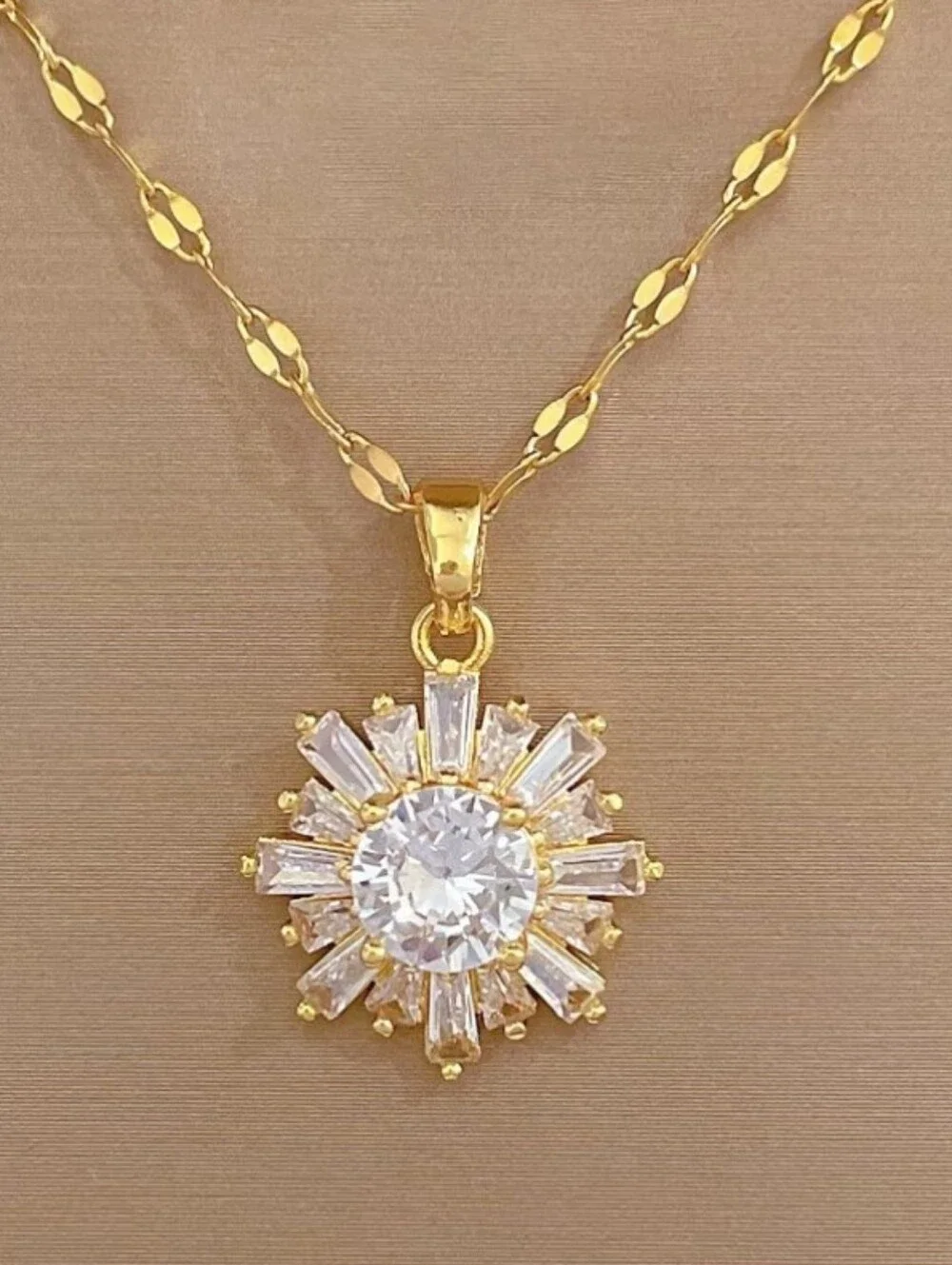 NEW! 14k Gold Plated Elegant CZ Sunburst Pendant Necklace- Women's Jewelry