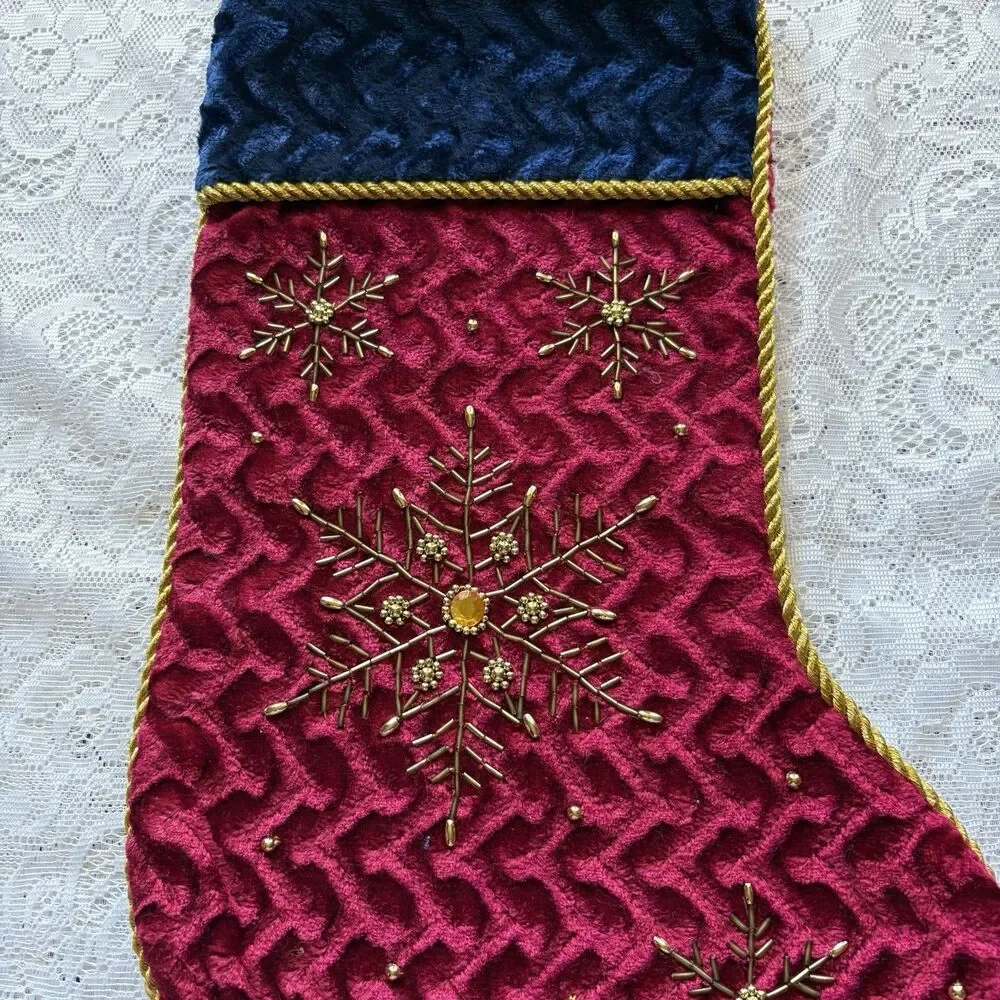 Set of 3 Velvet Christmas Stockings Beaded Snowflake Jewel Holiday‎ Decor
