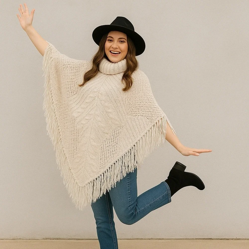 Altar'd State‎ XS Cream Knit Fringe Poncho Sweater Cowl Neck Boho Cozy Fall