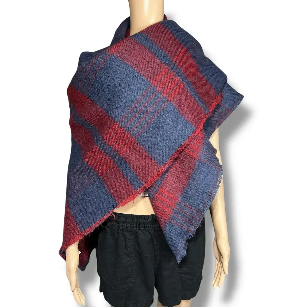 Womens Woven Knit Plaid Scarf Wrap with Fringe Blue Red Soft and Warm