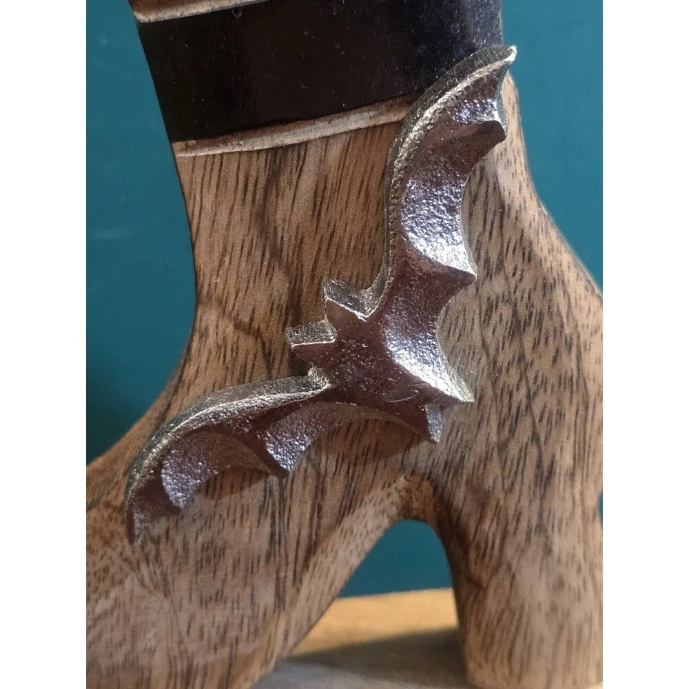 Gothic Witch Boot Halloween Wooden Decor Striped w/ Metal Bat 10.5
