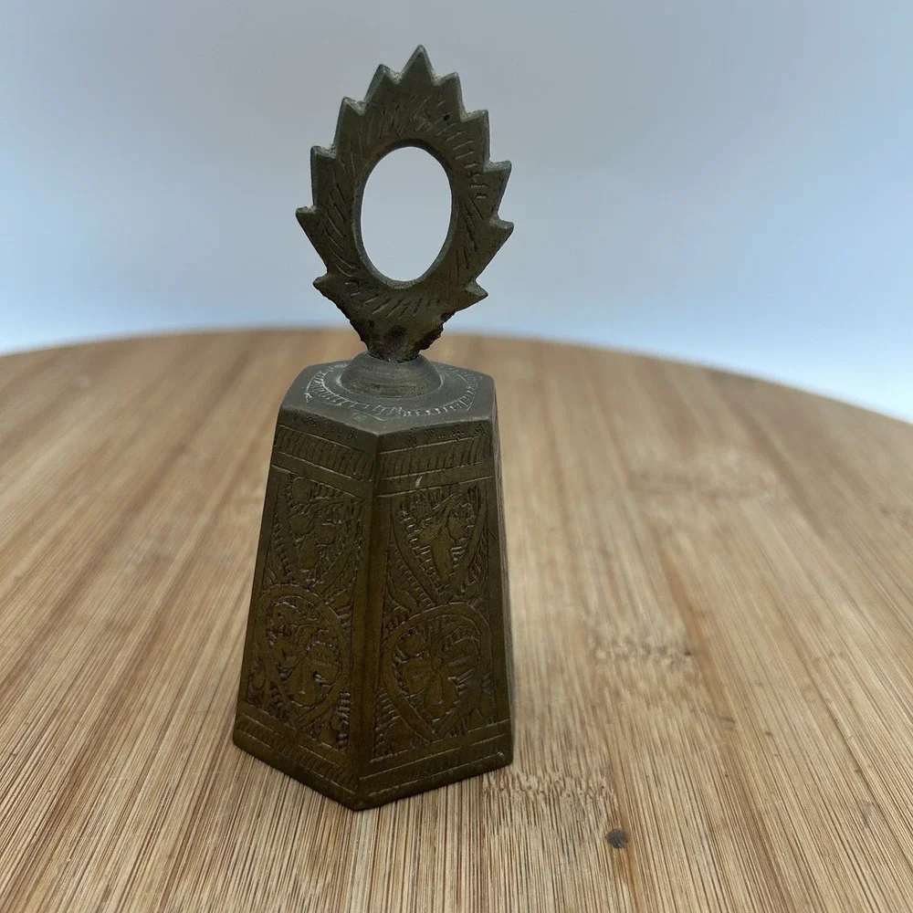 Vintage TINY SOLID BRASS HAND BELL Hand‎ Etched 4.5