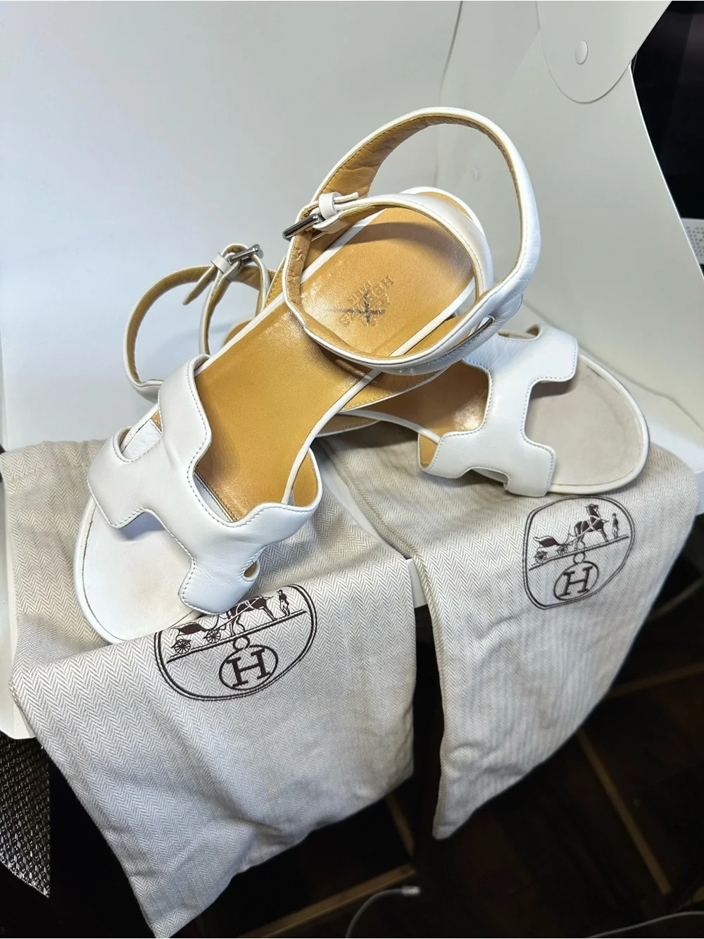 Hermes White Leather Platform Sandals