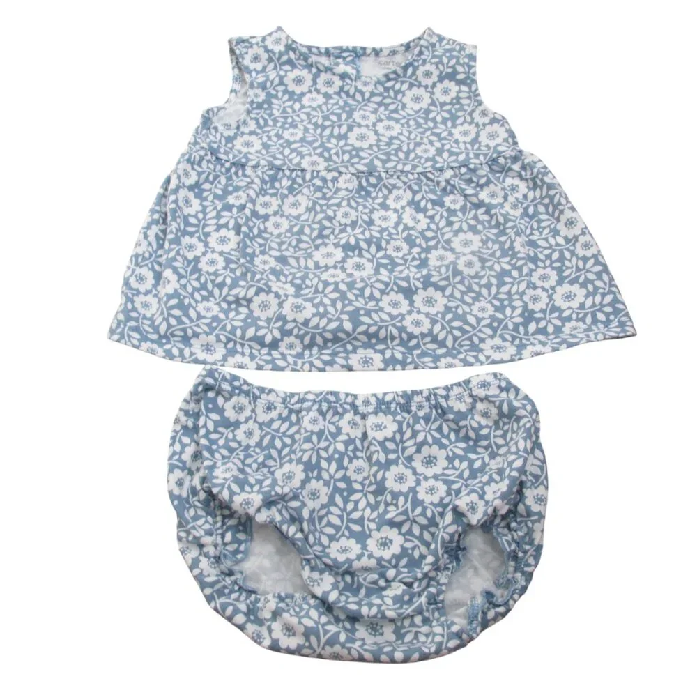 Carters 2 Pc Sleeveless Shirt Bloomer Outfit Girls 24M Blue Floral‎ Pullover
