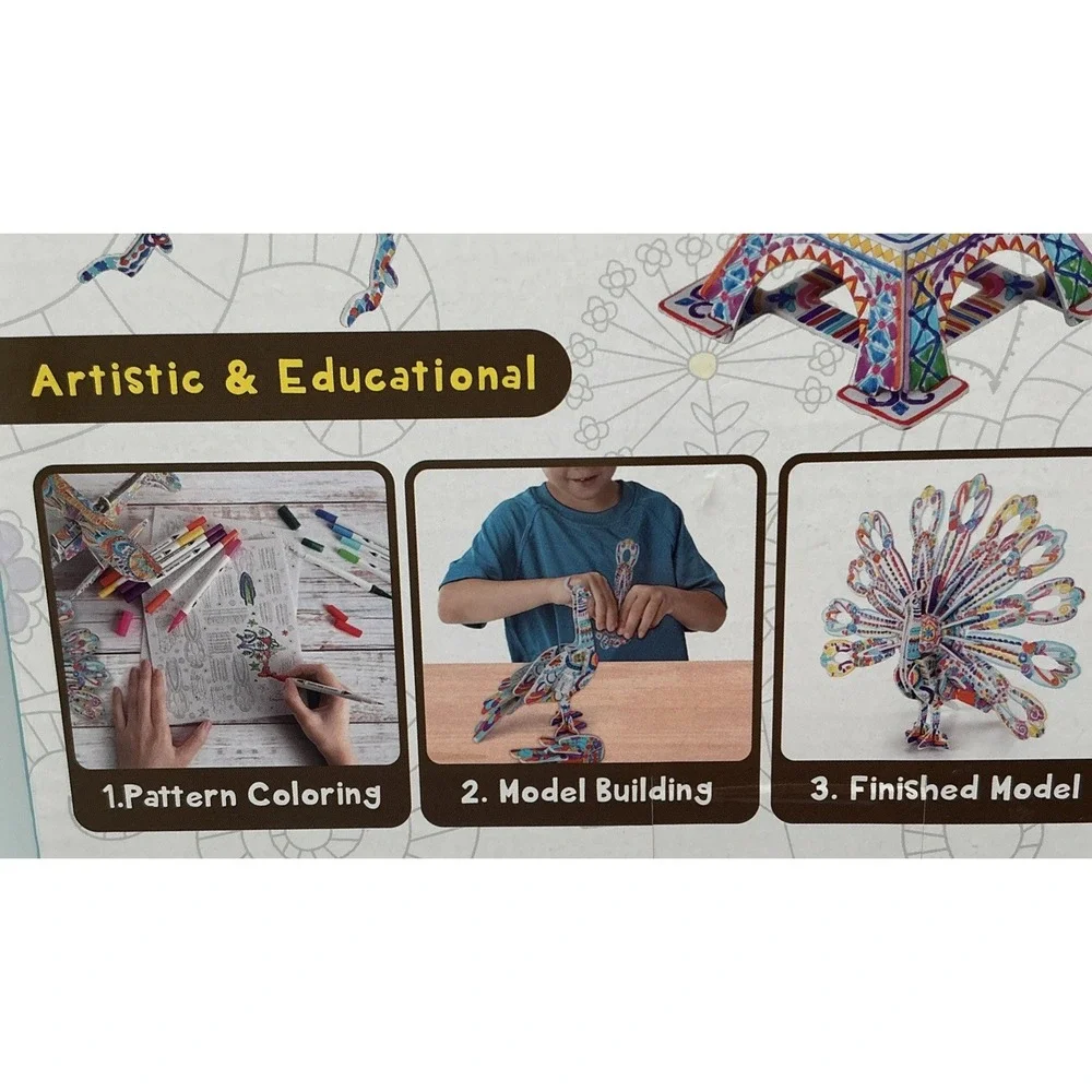 Bearun 3D Coloring Puzzles: Eiffel‎ Tower, Dinosaur, Peacock, Plane, More NIB