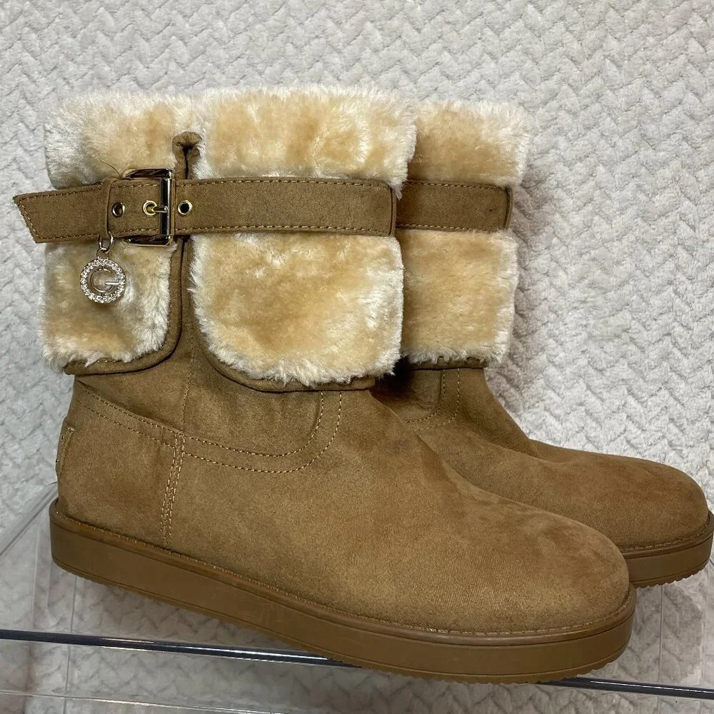 G by Guess Womens Tan Aussie Faux Fur Lined‎ Round Toe Ankle Boot NWOT Size 7M