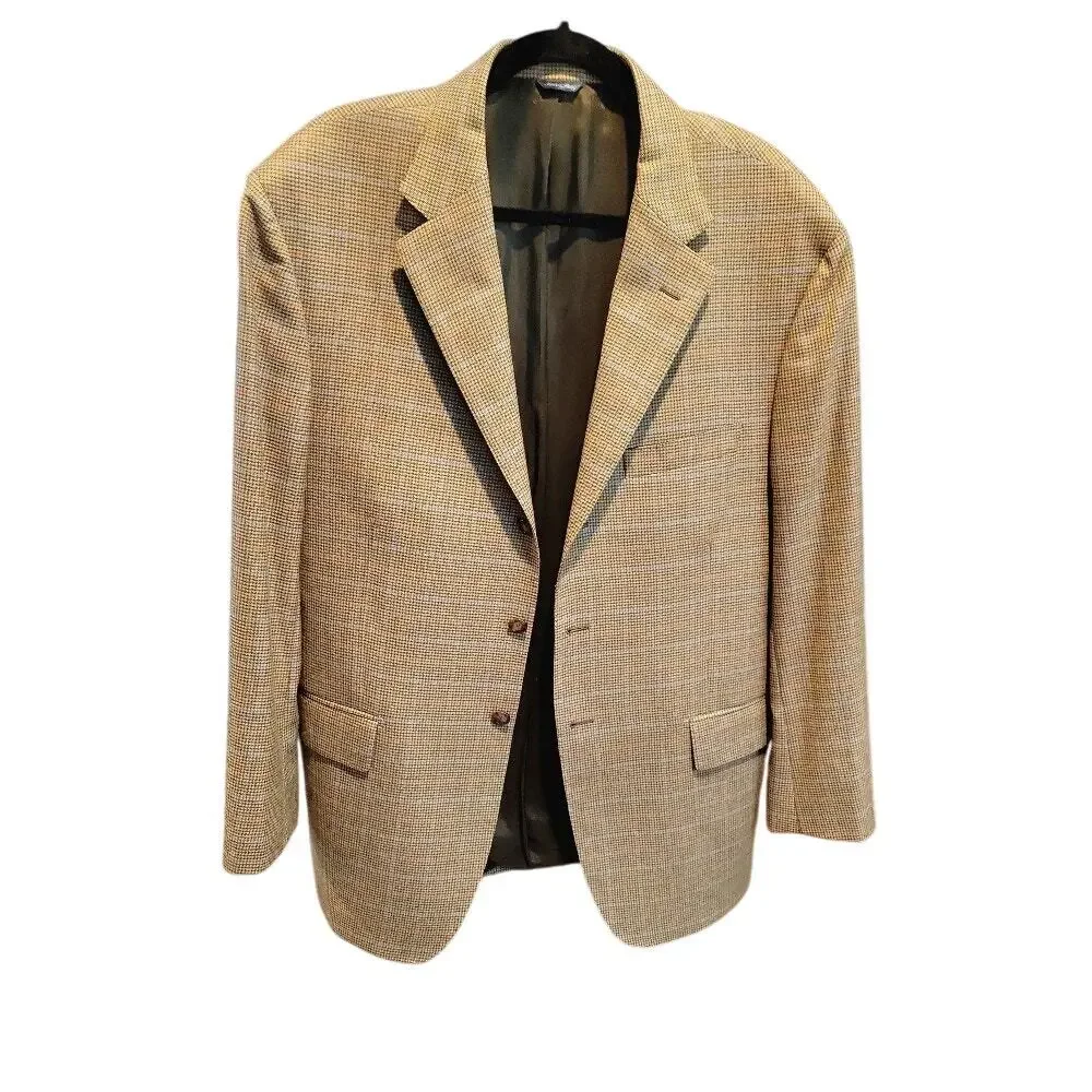 David Chu Wool Cashmere Blazer Sport Coat Sz 46 Tan Men's Plaid‎