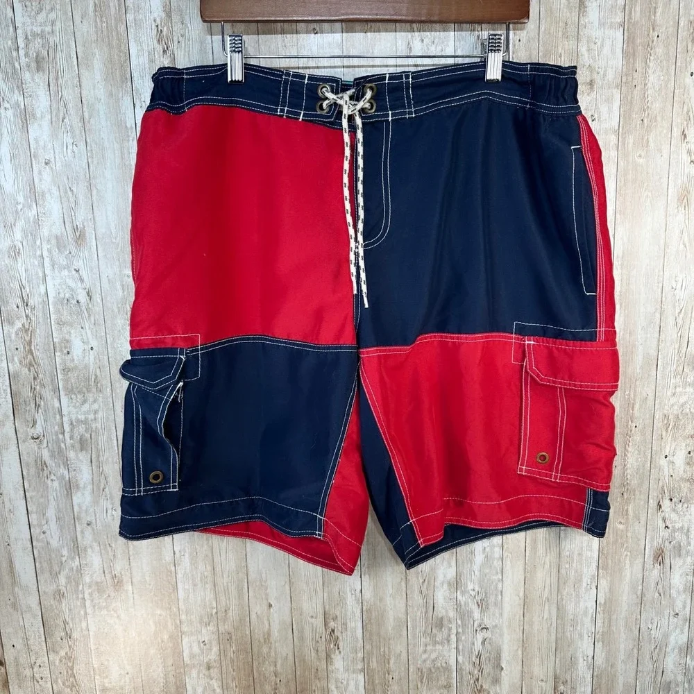 Boden Mens Swim Trunks Size 40 Color Block Red‎ Blue Drawstring Swim Shorts