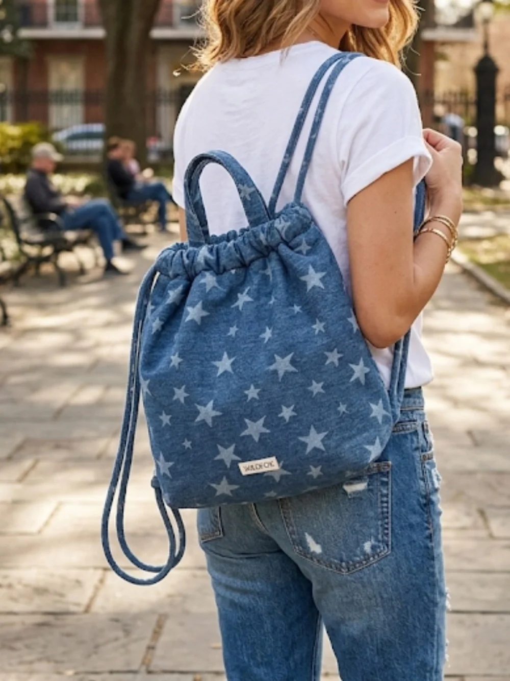 Wildfox Blue Star-Print Denim Drawstring Summer‎ bag Backpack