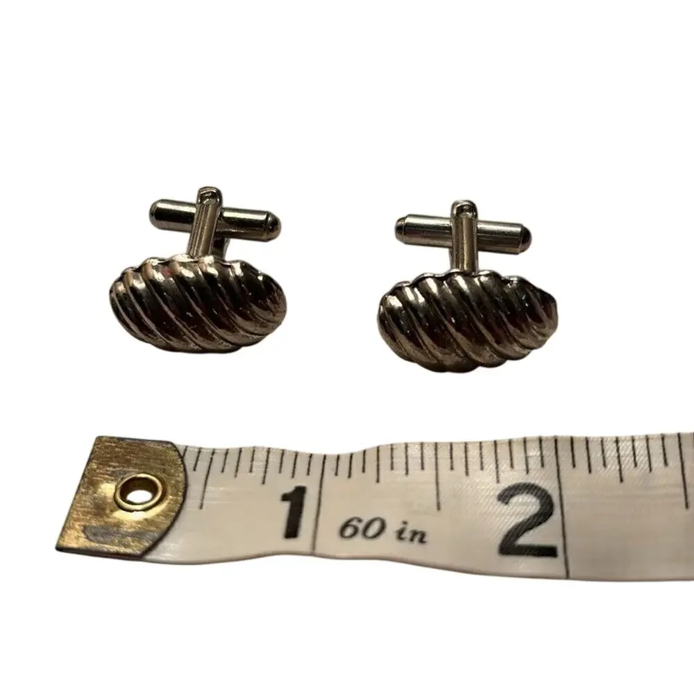 Vintage Silver Tone Ribbed Oval Cufflinks Classic Men’s Formal Accessories