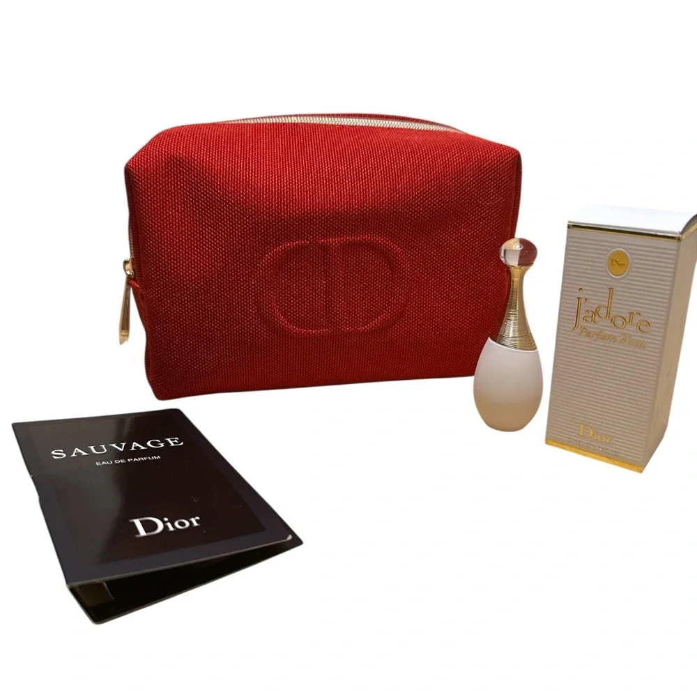 Dior Red Canvas Pouch with Embossed CD Logo + mini Dior Jadore + sample Savage.