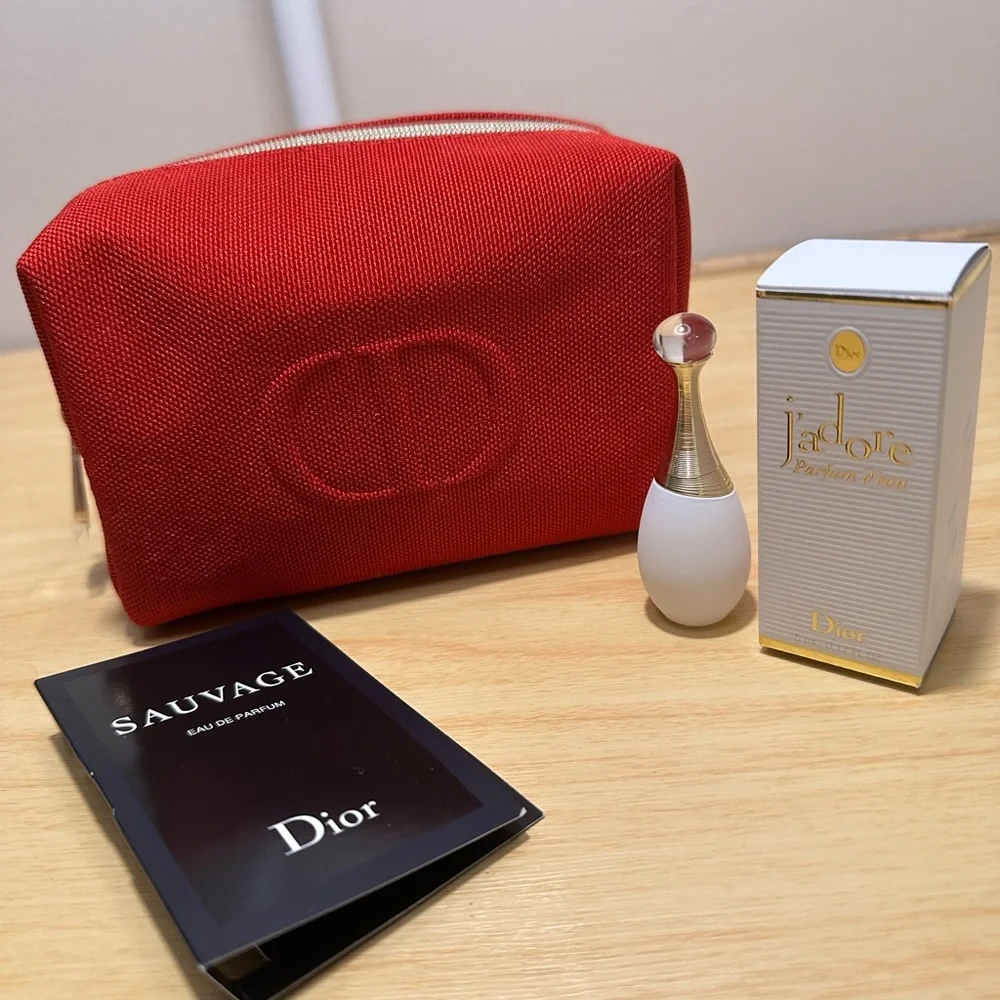 Dior Red Canvas Pouch with Embossed CD Logo + mini Dior Jadore + sample Savage.