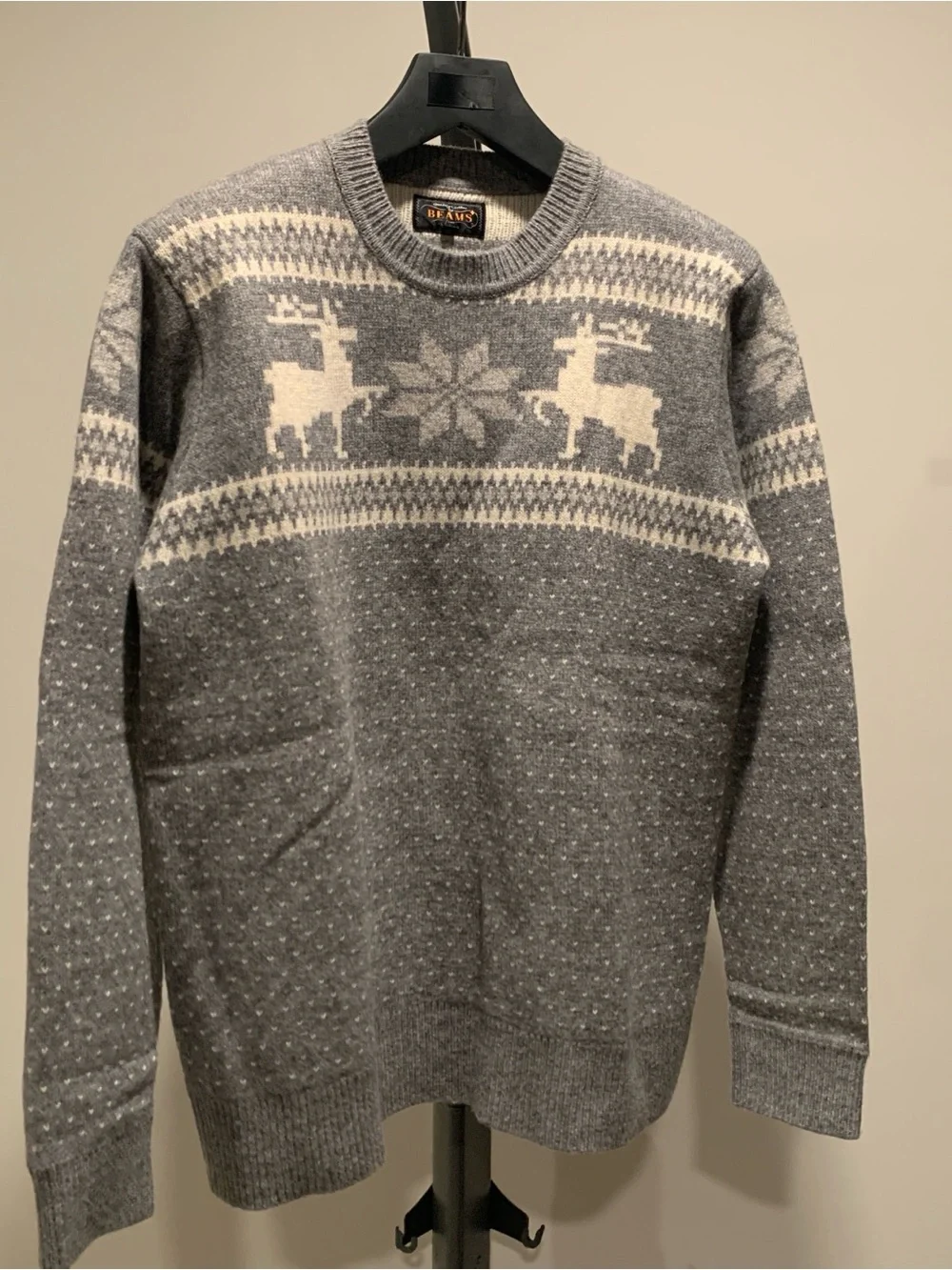 BEAMS Men's Gray Fair Isle Reindeer Crewneck Sweater