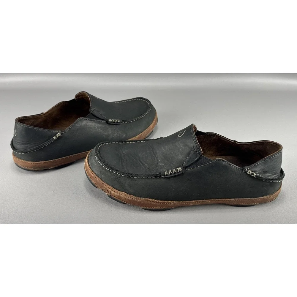 Olukai Moloa Mens Black Leather Slip On Loafer Shoes 10.5 Casual Comfort Travel